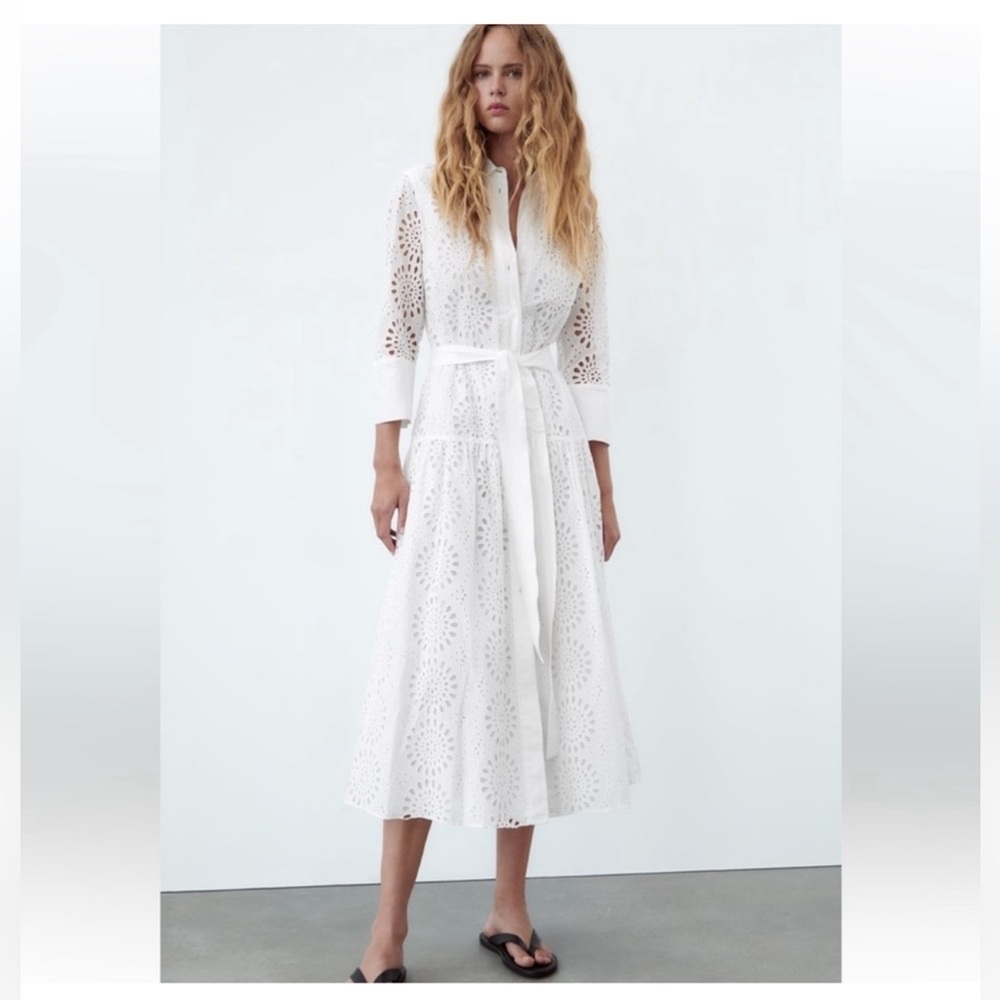 White Eyelet Button Down Dress Large Zara Wedding Graduation White Party